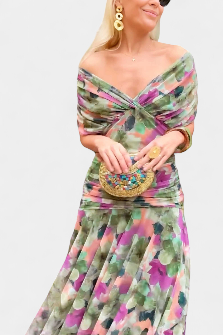 Women's floral off-shoulder maxi dress with draped wrap bodice