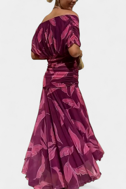 Women's floral off-shoulder maxi dress with draped wrap bodice