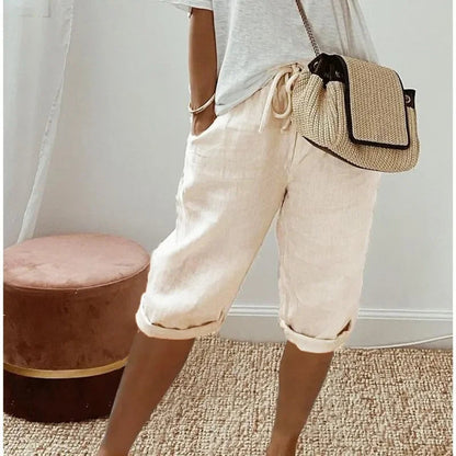 Women's cropped trousers with drawstring waist and rolled cuffs