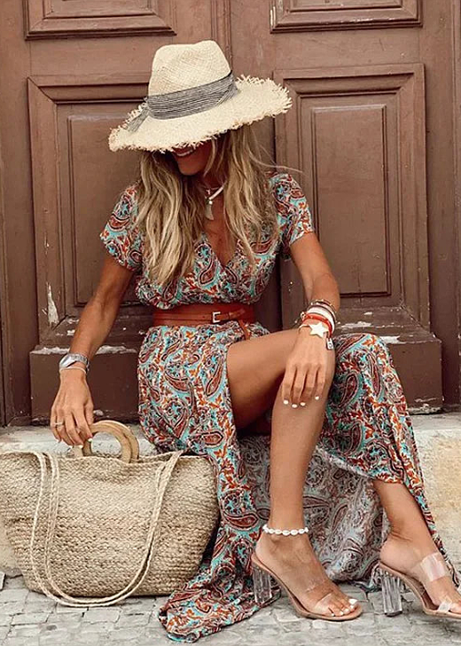 Women's floral maxi dress with V-neck, short sleeves, waist belt and side slit