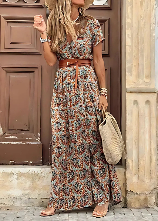 Women's floral maxi dress with V-neck, short sleeves, waist belt and side slit