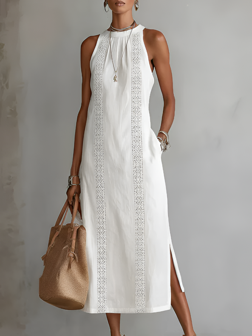 Women's sleeveless midi dress with Mandarin collar and vertical decorative trim panels