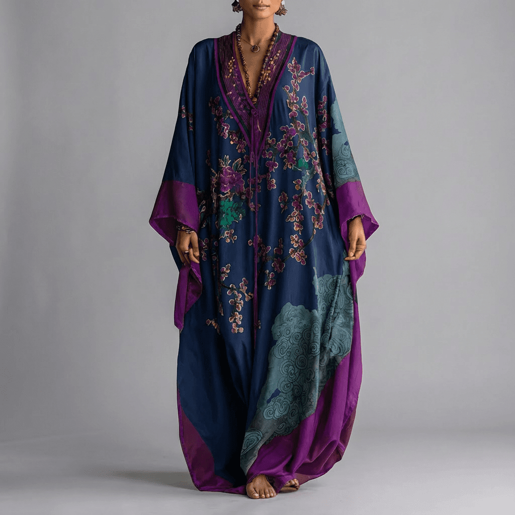 Vestido largo de flores de mujer con mangas murciélago y escote de pico, manga larga
