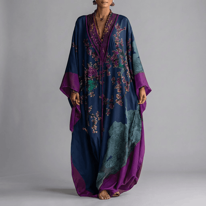 Vestido largo de flores de mujer con mangas murciélago y escote de pico, manga larga