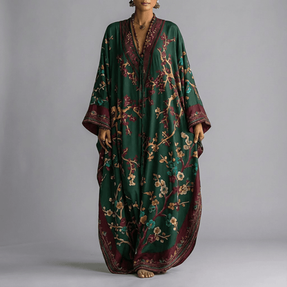 Vestido largo de flores de mujer con mangas murciélago y escote de pico, manga larga