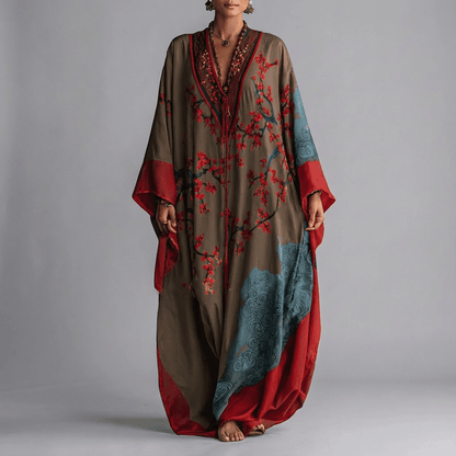 Vestido largo de flores de mujer con mangas murciélago y escote de pico, manga larga