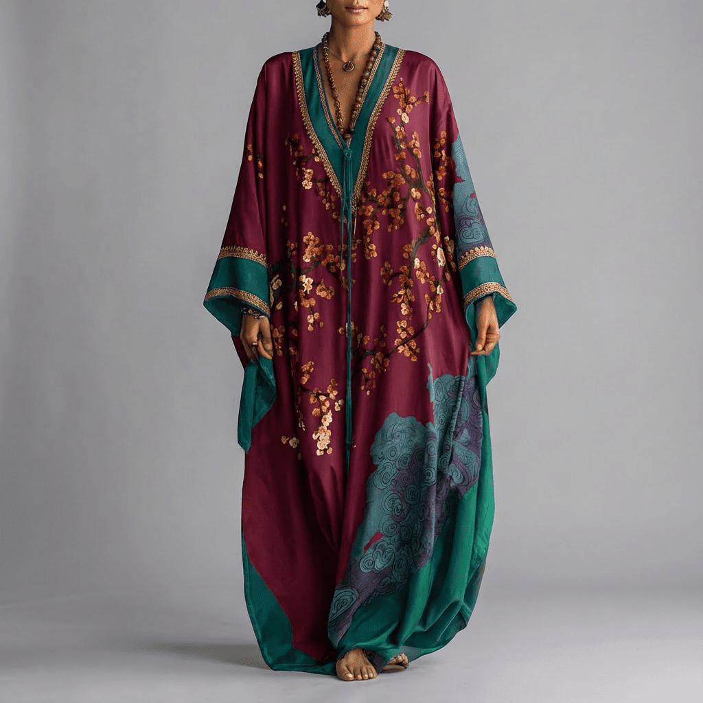 Vestido largo de flores de mujer con mangas murciélago y escote de pico, manga larga
