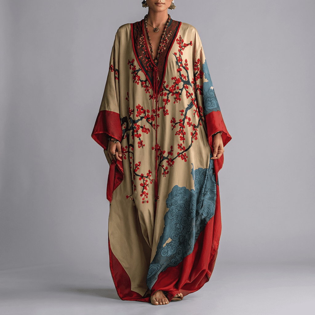 Vestido largo de flores de mujer con mangas murciélago y escote de pico, manga larga