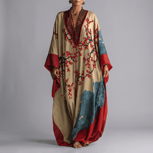 Floral batwing maxi dress with V-neckline, long sleeves and contrasting patterned trim