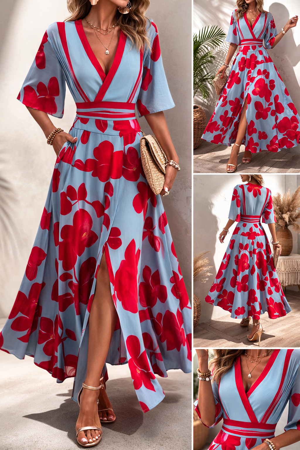 Women's floral wrap jumpsuit with V-neckline, 3/4 sleeves and wide legs