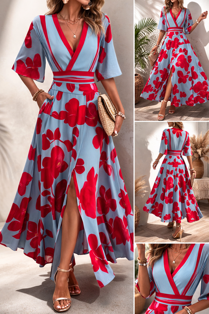 Women's floral wrap jumpsuit with V-neckline, 3/4 sleeves and wide legs