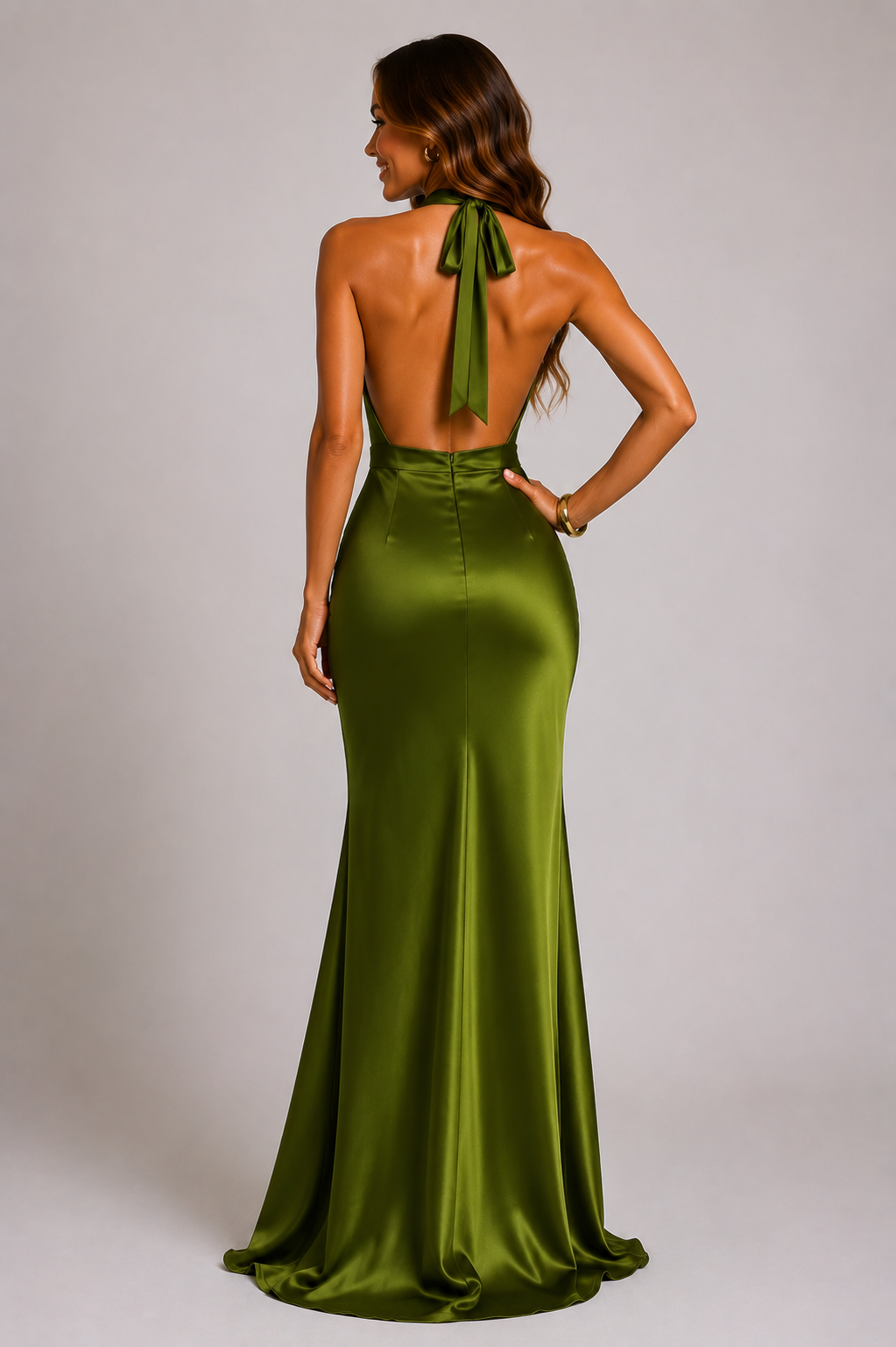 Women's olive green sleeveless halter maxi dress with draped neckline and floor-length skirt