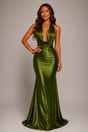 Women's olive green sleeveless halter maxi dress with draped neckline and floor-length skirt