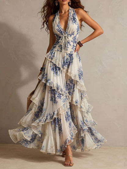 Blue floral halter maxi dress with tiered ruffle skirt