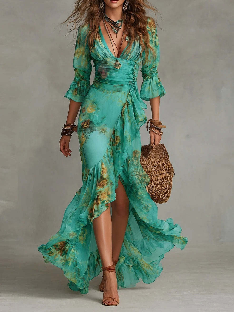 Women's floral V-neck asymmetric maxi dress with ruched waist and three-quarter sleeves