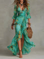 Women's floral V-neck asymmetric maxi dress with ruched waist and three-quarter sleeves