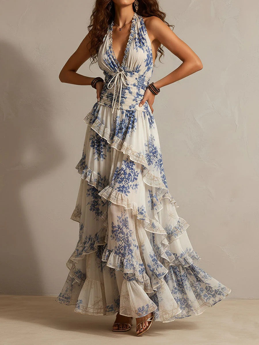 Blue floral halter maxi dress with tiered ruffle skirt