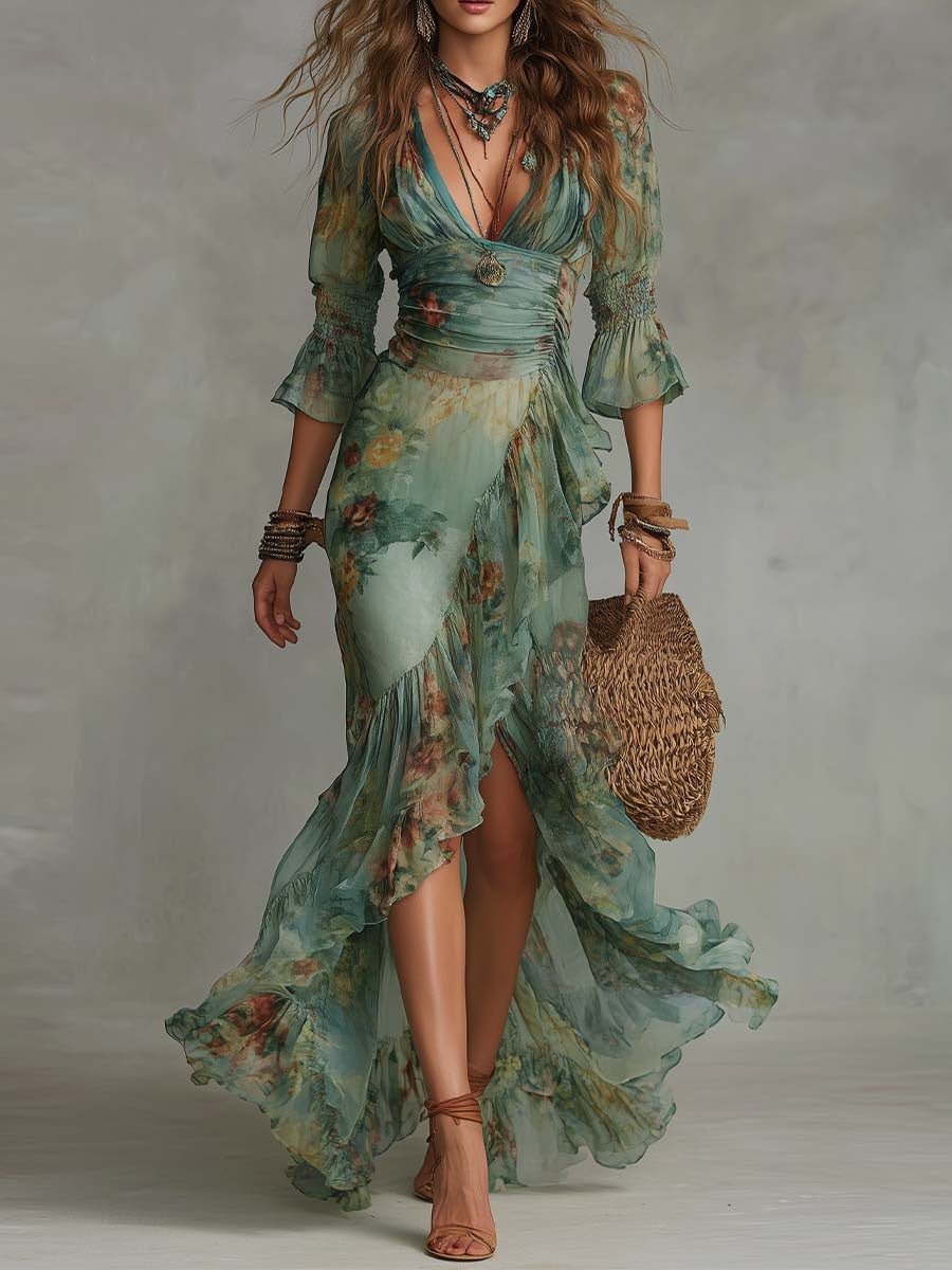 Women's floral V-neck asymmetric maxi dress with ruched waist and three-quarter sleeves