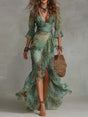 Women's floral V-neck asymmetric maxi dress with ruched waist and three-quarter sleeves