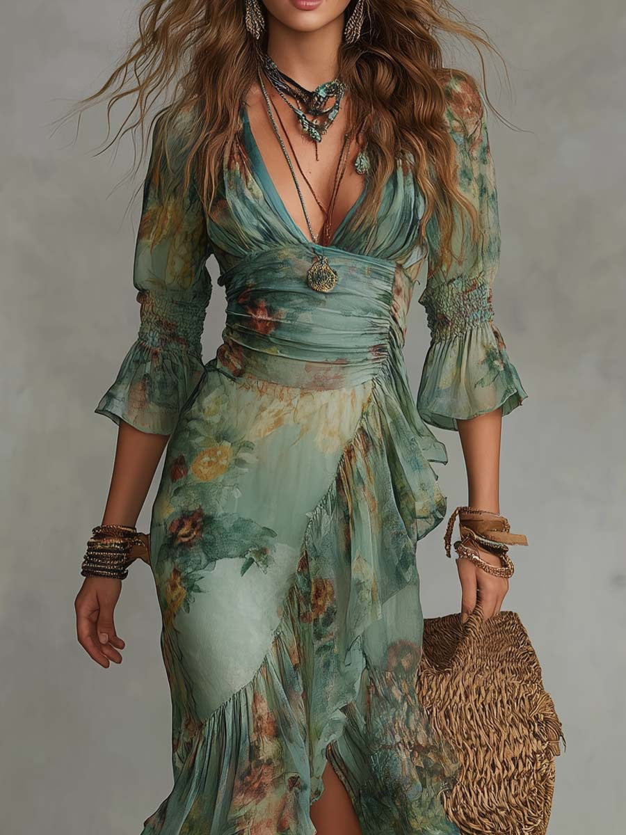 Women's floral V-neck asymmetric maxi dress with ruched waist and three-quarter sleeves