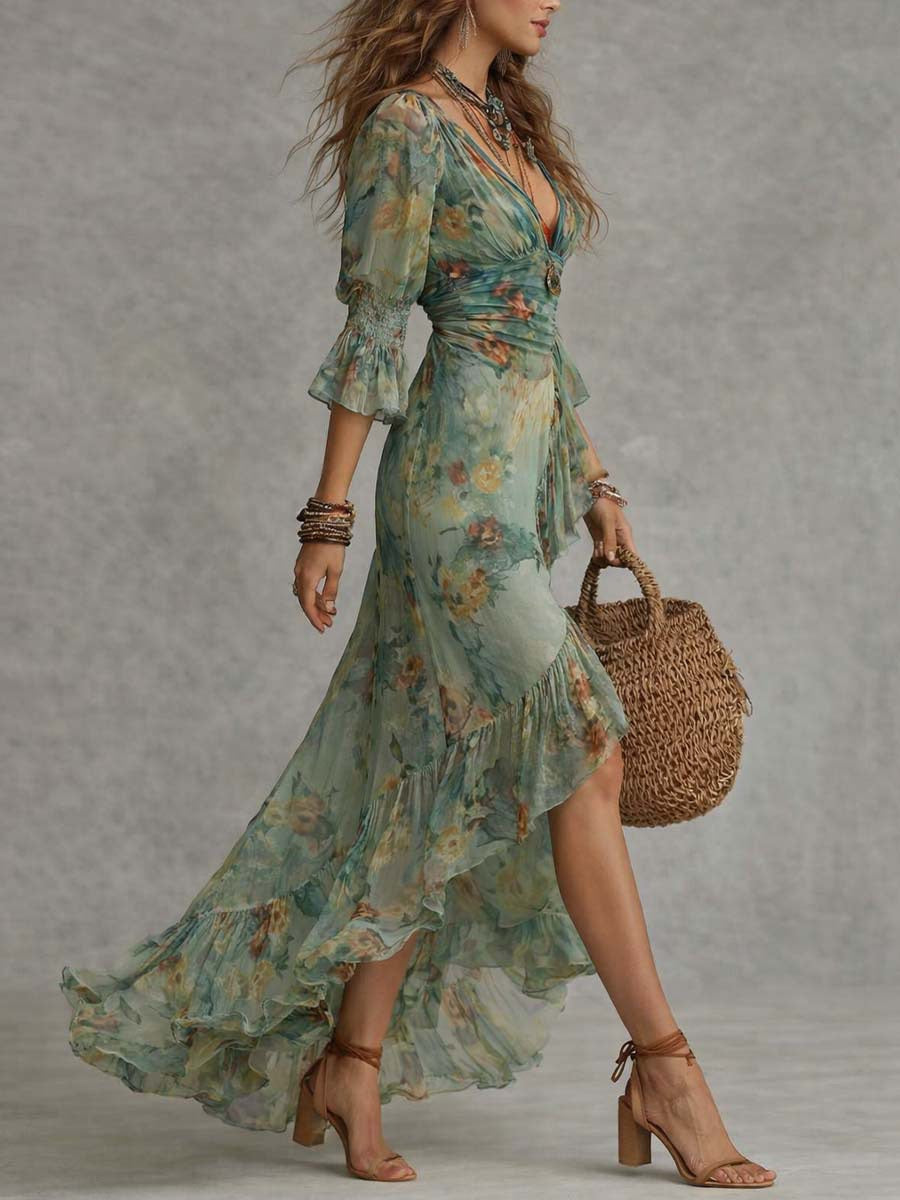 Women's floral V-neck asymmetric maxi dress with ruched waist and three-quarter sleeves