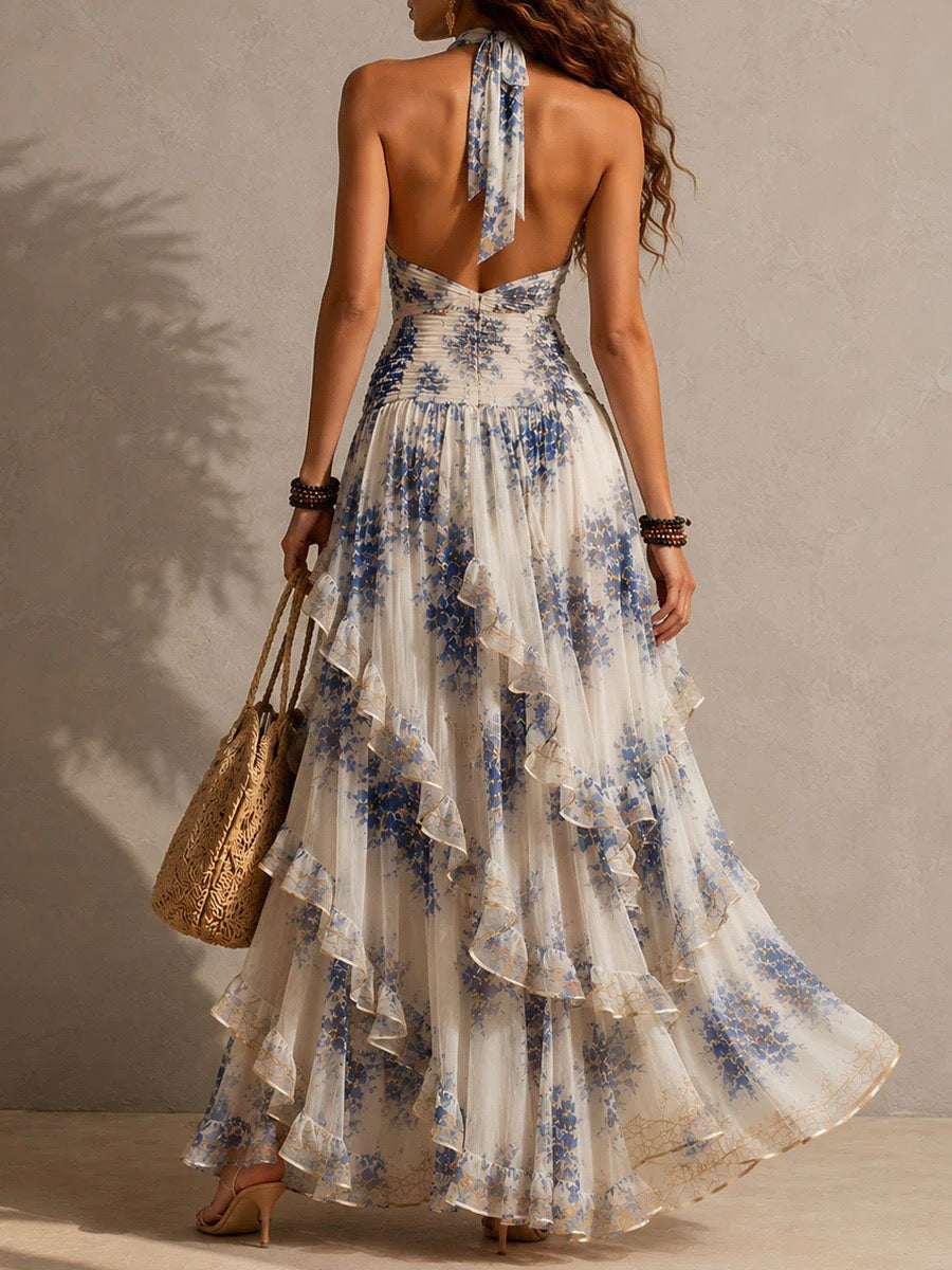Blue floral halter maxi dress with tiered ruffle skirt