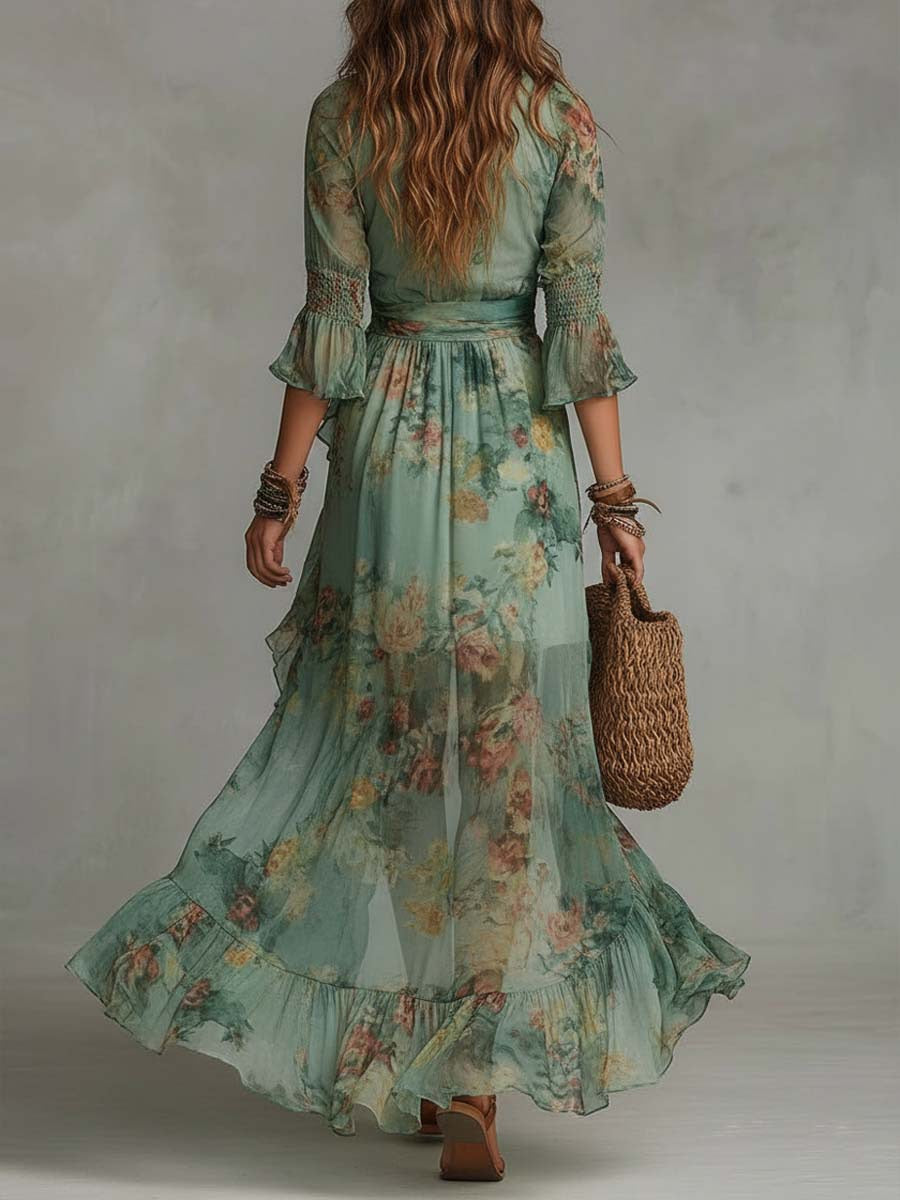 Women's floral V-neck asymmetric maxi dress with ruched waist and three-quarter sleeves