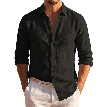 Men's long-sleeve collared button-up shirt with rolled sleeves