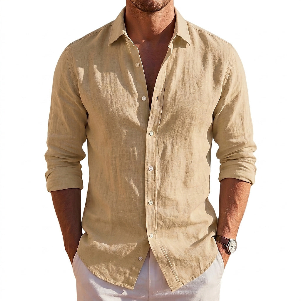Men's long-sleeve collared button-up shirt with rolled sleeves
