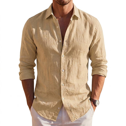 Men's long-sleeve collared button-up shirt with rolled sleeves