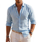 Men's long-sleeve collared button-up shirt with rolled sleeves
