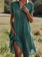 Women's polka dot midi dress with shirt collar, short sleeves and side slit