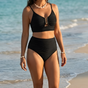 Women's textured high waist bikini set with V-neck top and high rise briefs