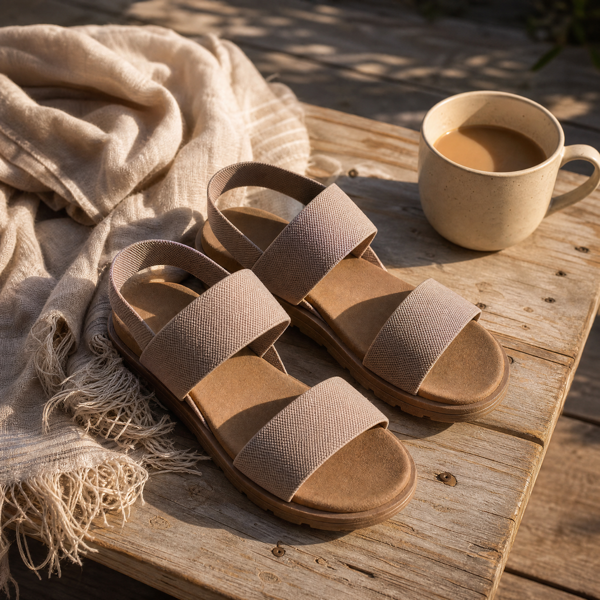 Women's open-toe walking sandals with wide textured straps and flat lugged soles