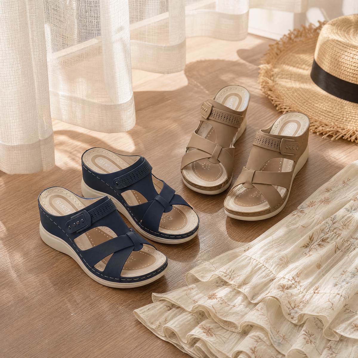 Women's open-toe wedge sandals with crossover straps and ankle buckles