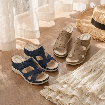 Women's open-toe wedge sandals with crossover straps and ankle buckles