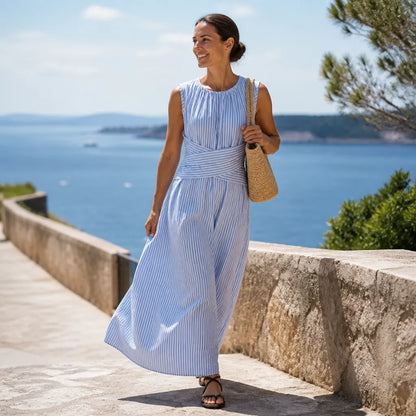 Women's striped sleeveless maxi dress with crossed wrap waist panel