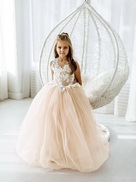 Girls' pale beige floral lace maxi dress with full tulle skirt and back bow