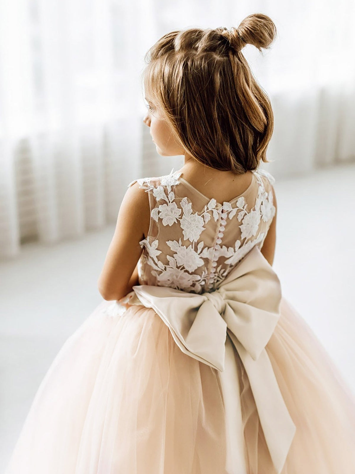 Girls' pale beige floral lace maxi dress with full tulle skirt and back bow