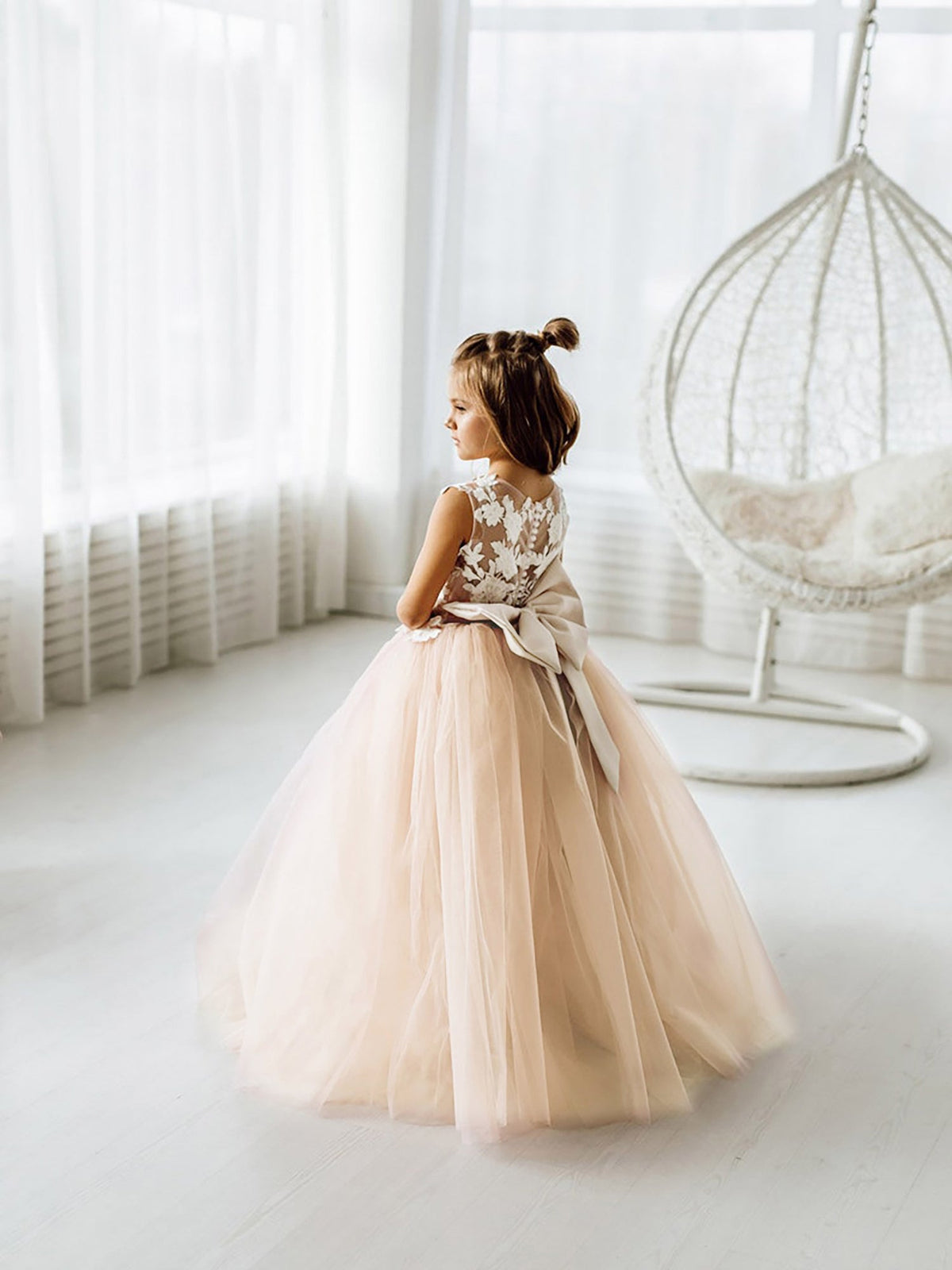 Girls' pale beige floral lace maxi dress with full tulle skirt and back bow