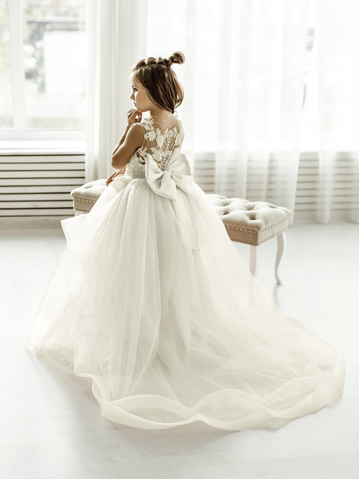 Girls' pale beige floral lace maxi dress with full tulle skirt and back bow