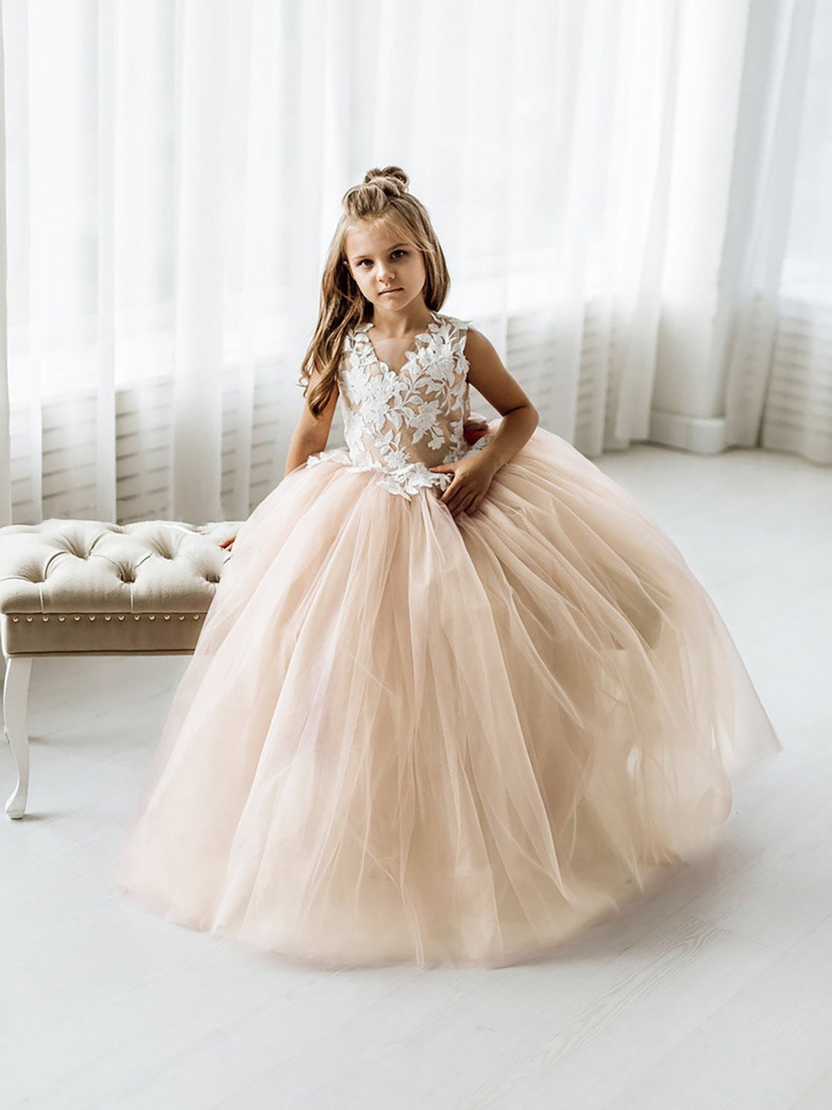 Girls' pale beige floral lace maxi dress with full tulle skirt and back bow