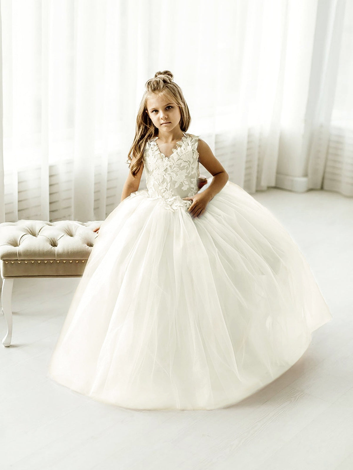 Girls' pale beige floral lace maxi dress with full tulle skirt and back bow