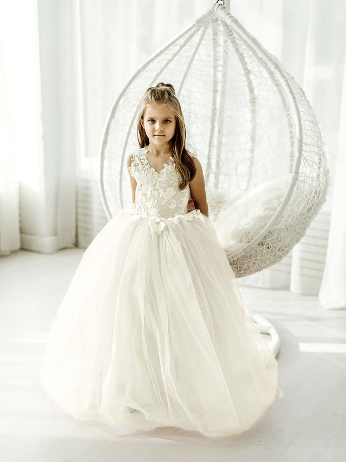 Girls' pale beige floral lace maxi dress with full tulle skirt and back bow