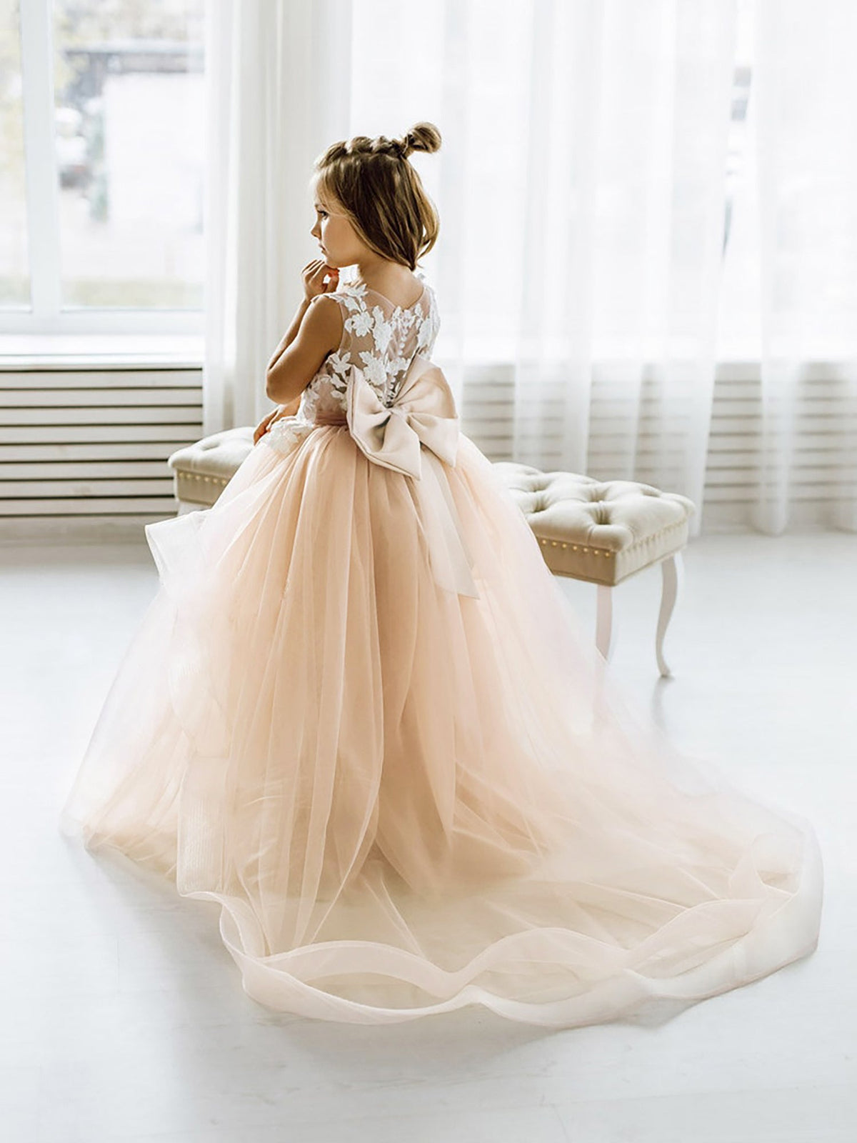 Girls' pale beige floral lace maxi dress with full tulle skirt and back bow