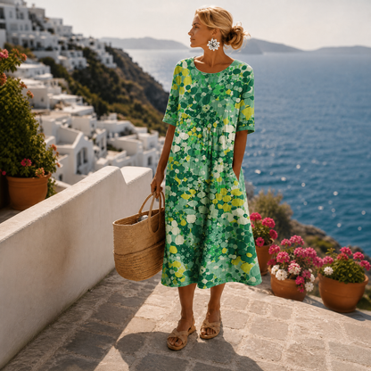 Women's floral midi dress with round neckline and short sleeves