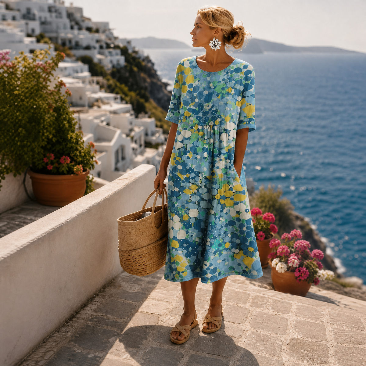 Women's floral midi dress with round neckline and short sleeves