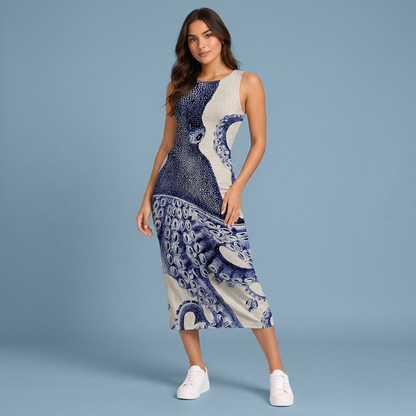 Women's sleeveless floral midi dress with a round neckline and relaxed fit
