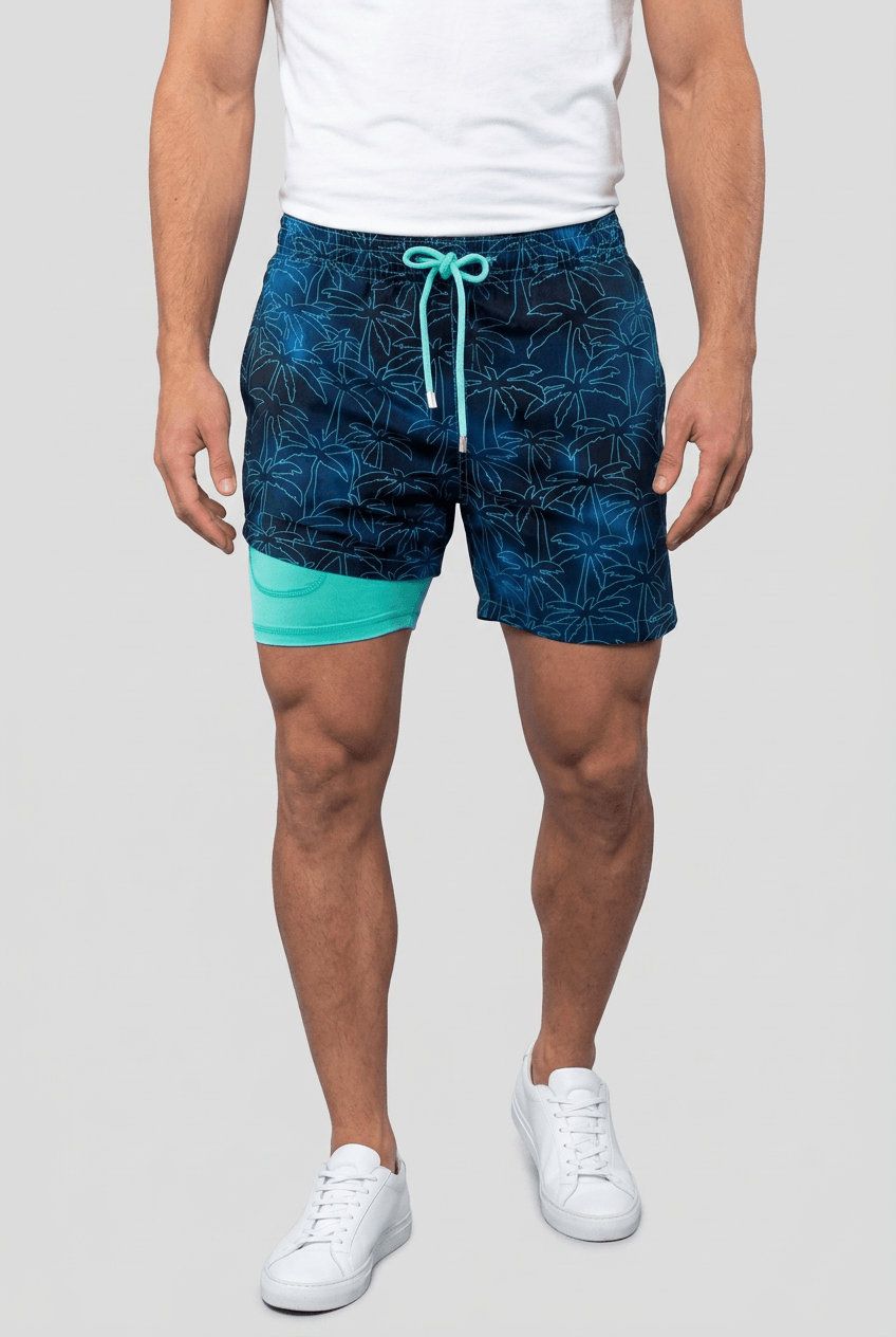 Men's printed swim shorts with drawstring waist and inner shorts