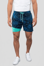Men's printed swim shorts with drawstring waist and inner shorts